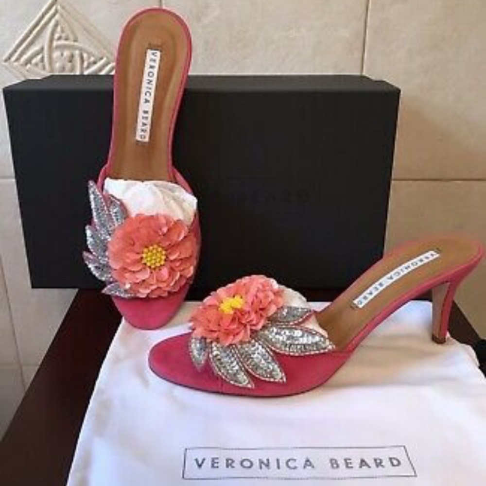 NEW Veronica Beard Sequined flower spring suede mules pink